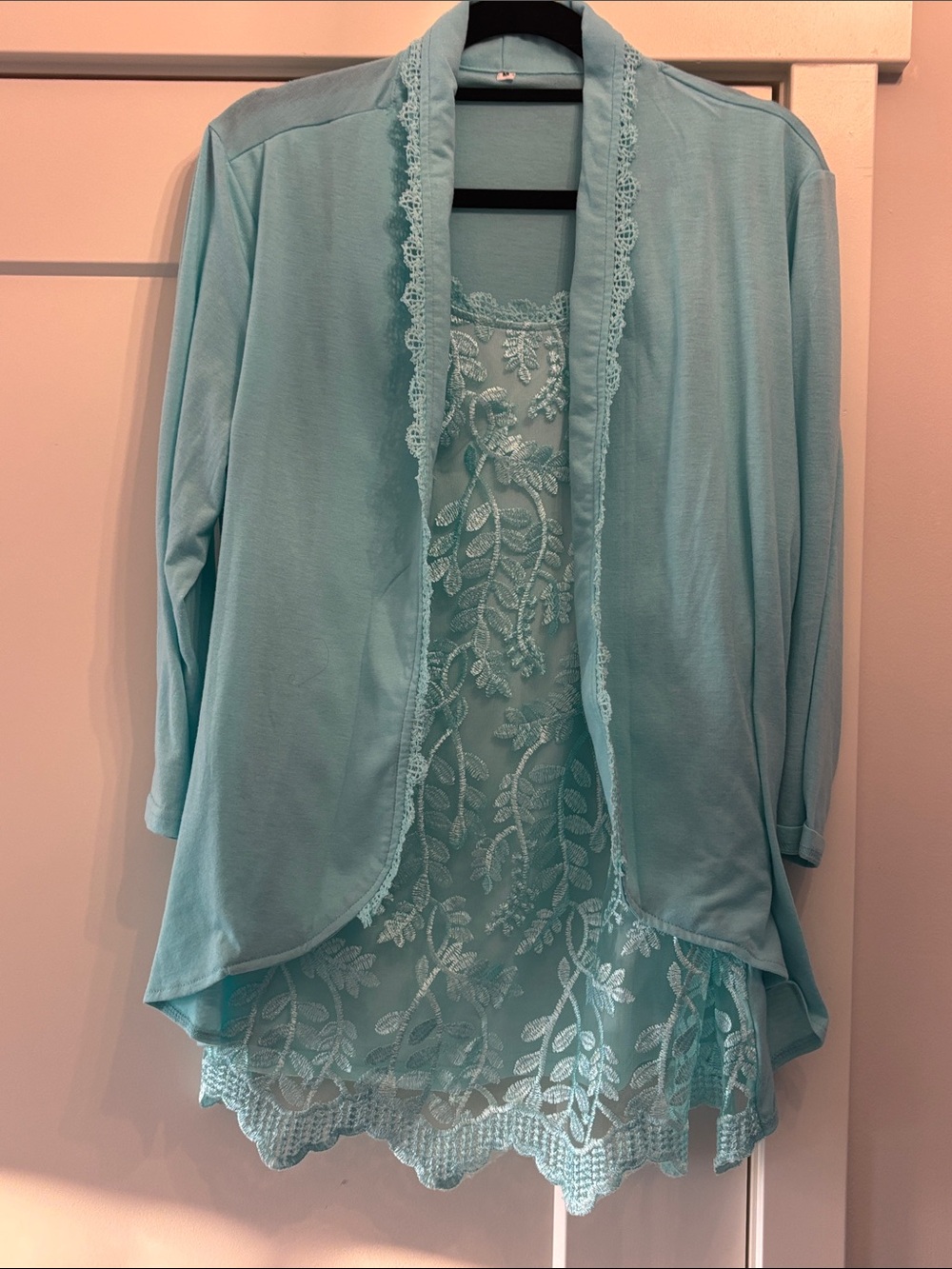 Light Blue Lace-Trim Two-Piece Womens Top Set